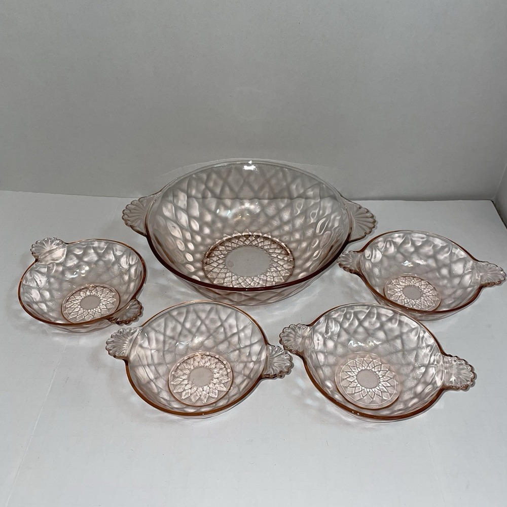 Vintage Federal Glass Pink Depression Glass Windsor Diamond Berry‎ Bowl Set 5pc